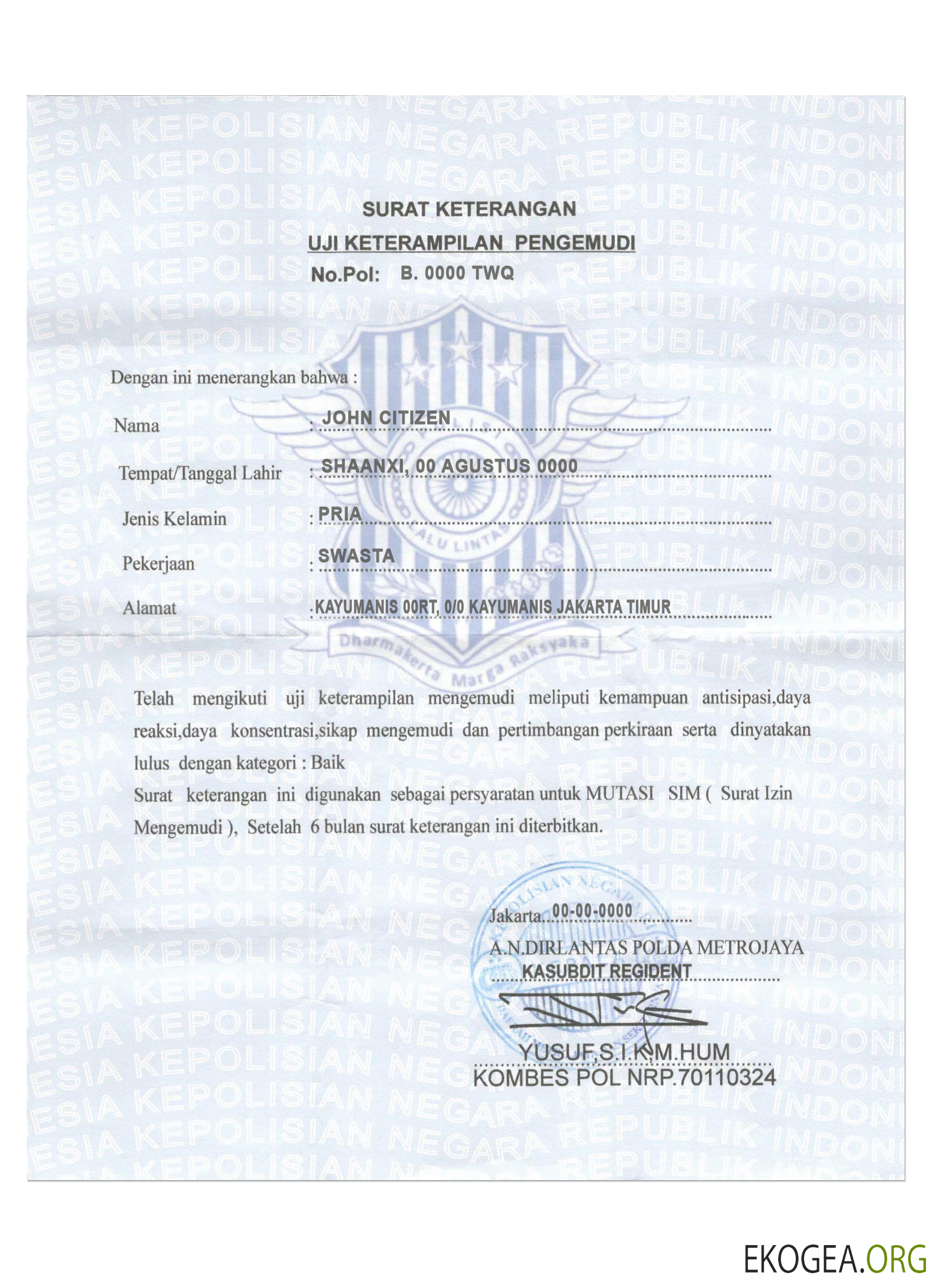 Certificat de conducteur INDONÉSIE